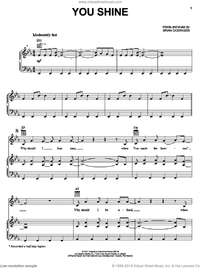 You Shine sheet music for voice, piano or guitar by Brian Doerksen, intermediate skill level