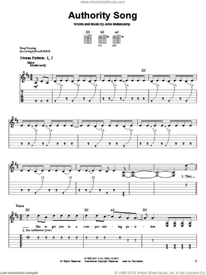 Authority Song sheet music for guitar solo (easy tablature) by John Mellencamp, easy guitar (easy tablature)