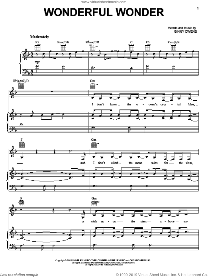 Wonderful Wonder sheet music for voice, piano or guitar by Ginny Owens, intermediate skill level