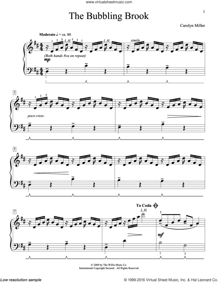 The Bubbling Brook sheet music for piano solo (elementary) by Carolyn Miller, classical score, beginner piano (elementary)