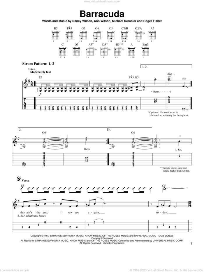 Barracuda sheet music for guitar solo (easy tablature) by Heart, Ann Wilson, Michael Derosier, Nancy Wilson and Roger Fisher, easy guitar (easy tablature)