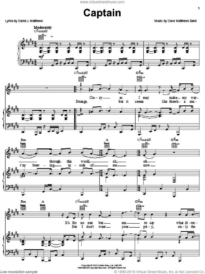 Captain sheet music for voice, piano or guitar by Dave Matthews Band, intermediate skill level