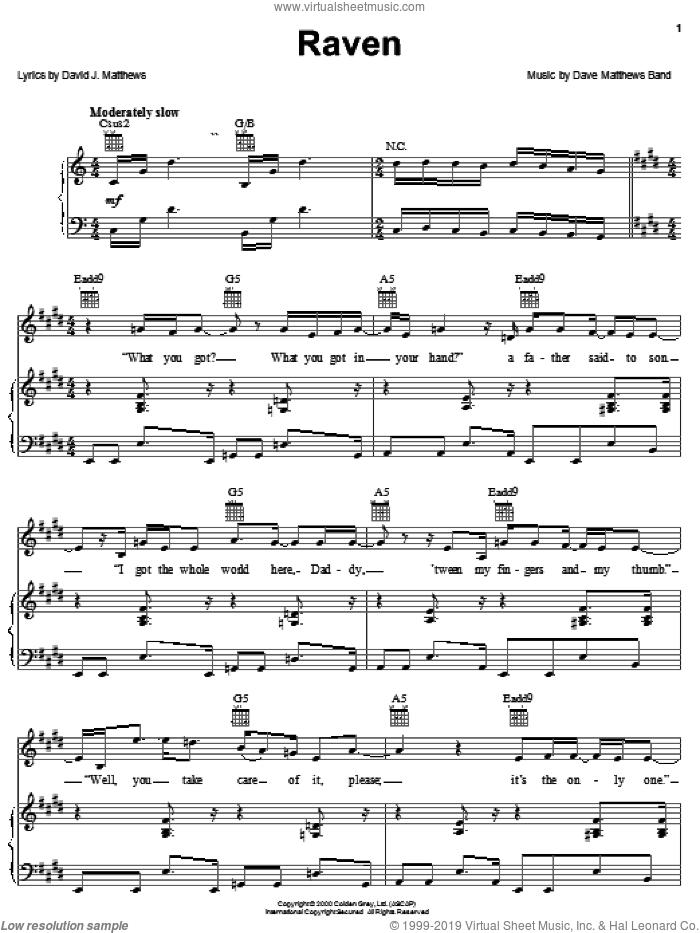 Raven sheet music for voice, piano or guitar by Dave Matthews Band, intermediate skill level