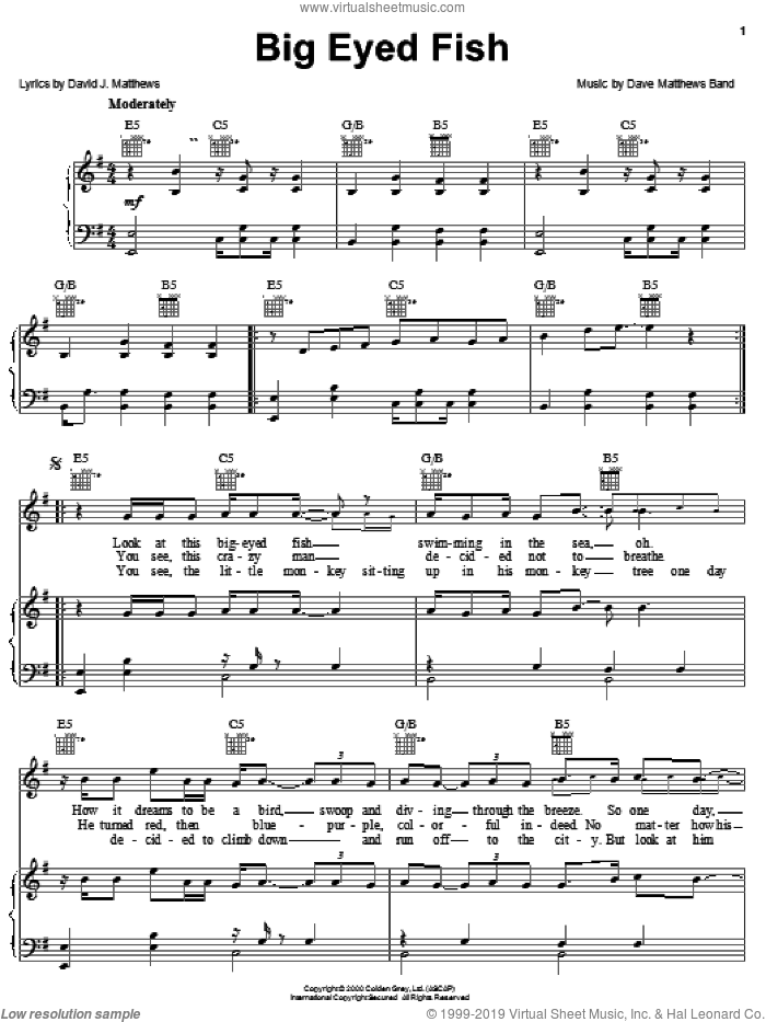 Big Eyed Fish sheet music for voice, piano or guitar by Dave Matthews Band, intermediate skill level