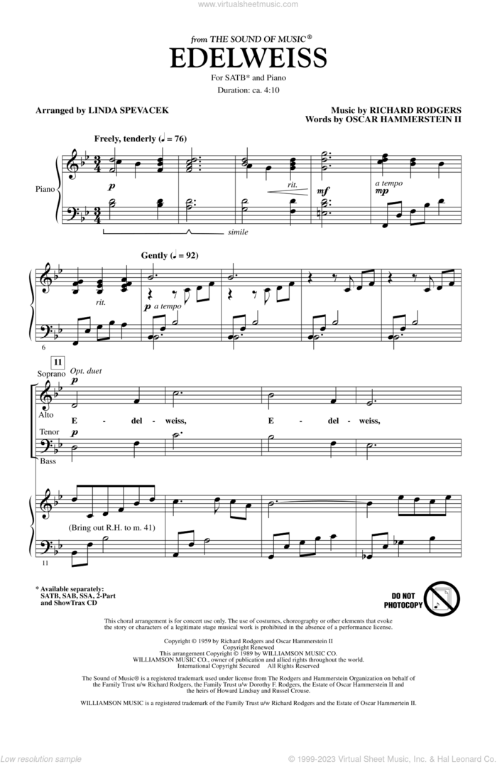Edelweiss (from The Sound of Music) sheet music for choir (SATB: soprano, alto, tenor, bass) by Richard Rodgers, Oscar II Hammerstein and Linda Spevacek, intermediate skill level