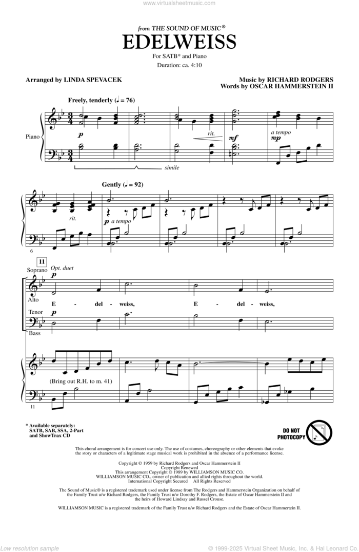 Edelweiss (from The Sound of Music) sheet music for choir (SATB: soprano, alto, tenor, bass) by Richard Rodgers, Oscar II Hammerstein and Linda Spevacek, intermediate skill level