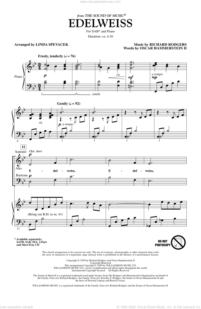 Edelweiss (from The Sound Of Music) sheet music for choir (SAB: soprano, alto, bass) by Richard Rodgers, Oscar II Hammerstein and Linda Spevacek, intermediate skill level