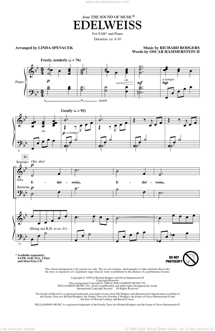 Edelweiss (from The Sound Of Music) sheet music for choir (SAB: soprano, alto, bass) by Richard Rodgers, Oscar II Hammerstein and Linda Spevacek, intermediate skill level