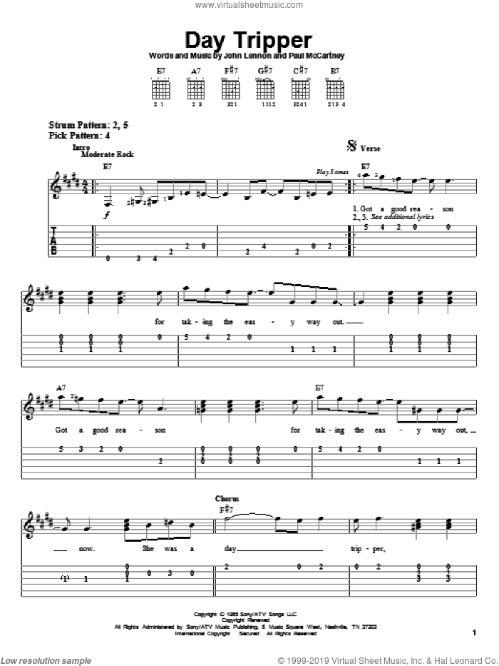 Day Tripper sheet music for guitar solo (easy tablature) by The Beatles, John Lennon and Paul McCartney, easy guitar (easy tablature)