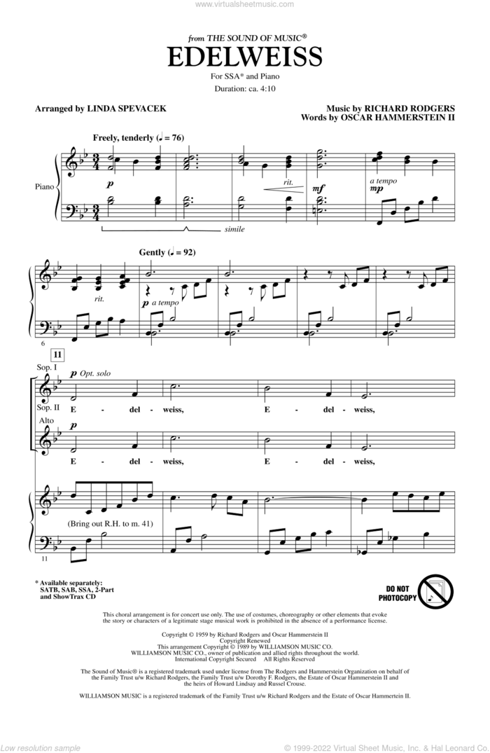 Edelweiss (from The Sound Of Music) sheet music for choir (SSA: soprano, alto) by Richard Rodgers, Oscar II Hammerstein and Linda Spevacek, intermediate skill level