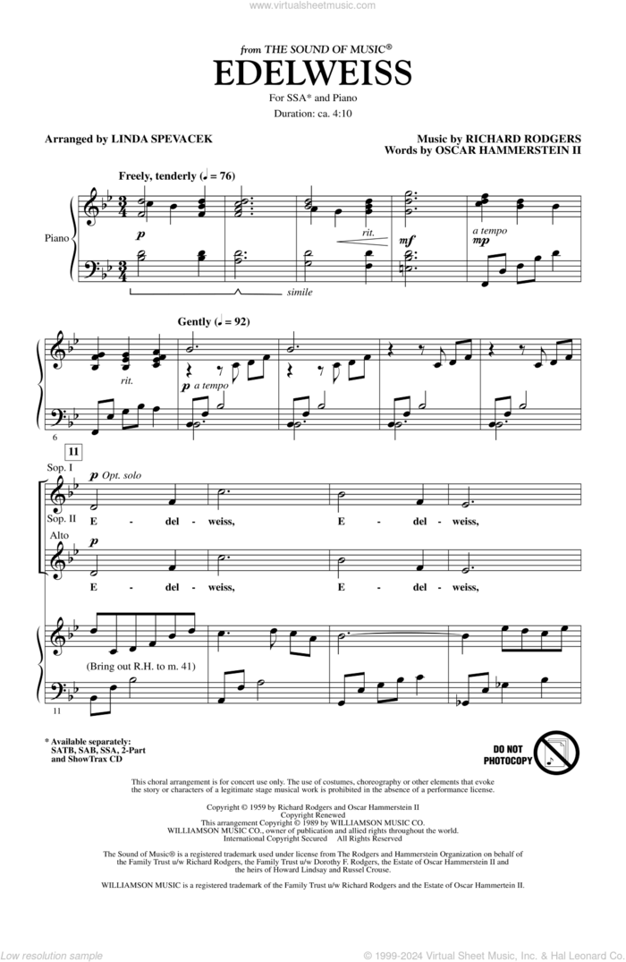 Edelweiss (from The Sound Of Music) sheet music for choir (SSA: soprano, alto) by Richard Rodgers, Oscar II Hammerstein and Linda Spevacek, intermediate skill level