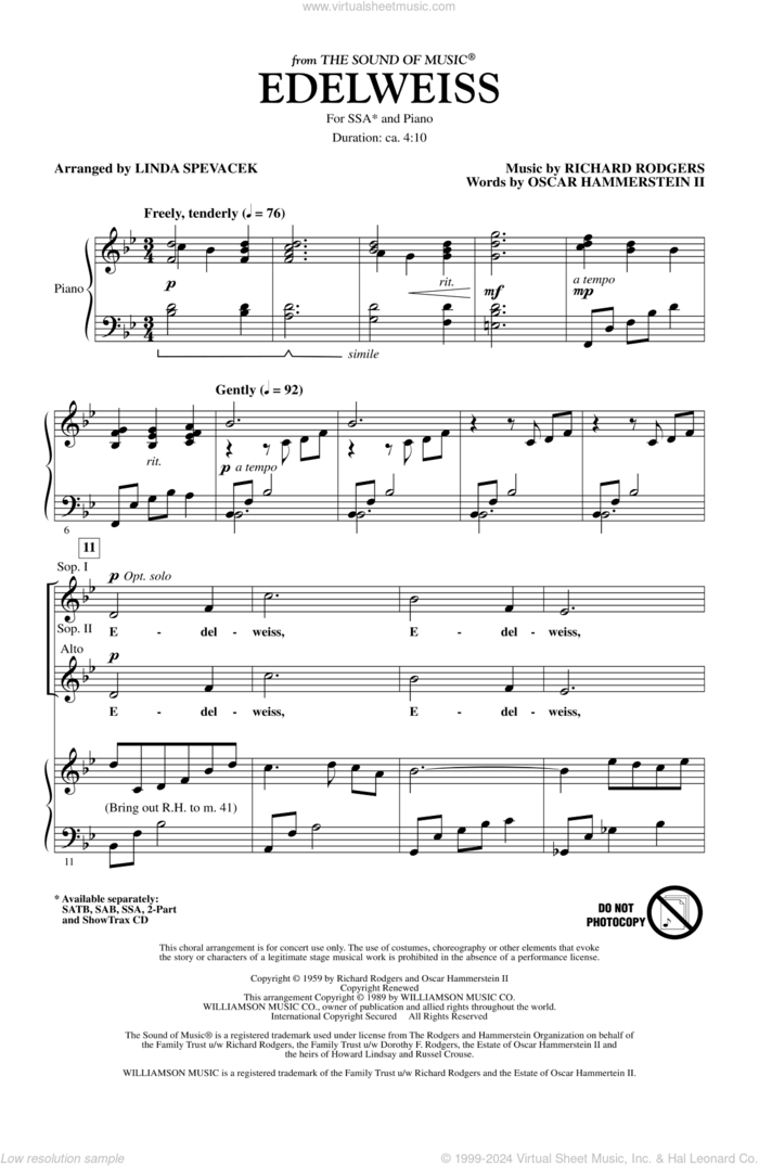 Edelweiss (from The Sound Of Music) sheet music for choir (SSA: soprano, alto) by Richard Rodgers, Oscar II Hammerstein and Linda Spevacek, intermediate skill level