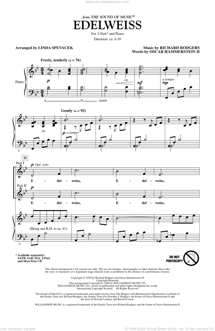 Edelweiss (from The Sound Of Music) sheet music for choir (2-Part) by Richard Rodgers, Oscar II Hammerstein and Linda Spevacek, intermediate duet