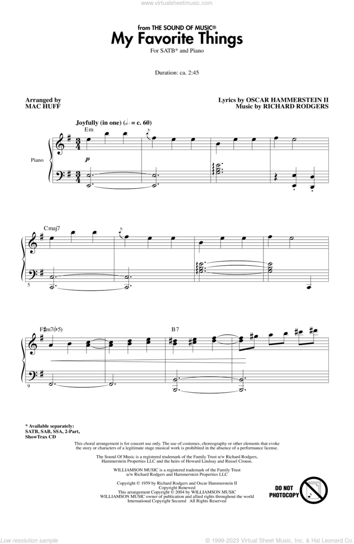 My Favorite Things (from The Sound Of Music) sheet music for choir (SATB: soprano, alto, tenor, bass) by Richard Rodgers, Oscar II Hammerstein and Mac Huff, intermediate skill level