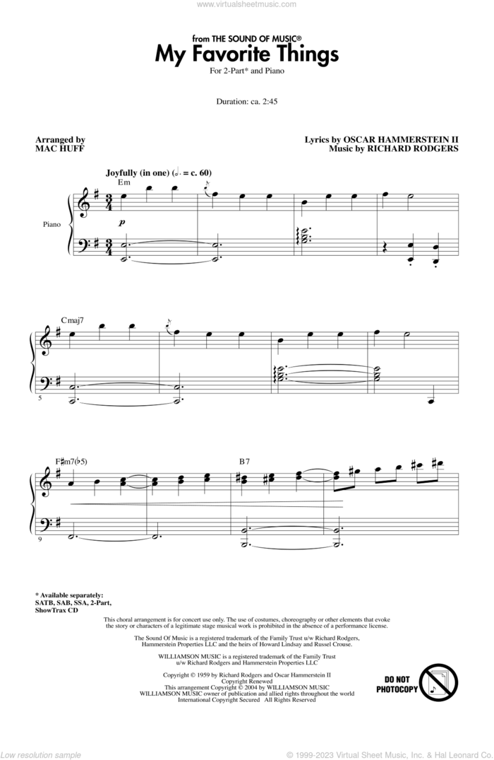 My Favorite Things (from The Sound Of Music) sheet music for choir (2-Part) by Richard Rodgers, Oscar II Hammerstein and Mac Huff, intermediate duet