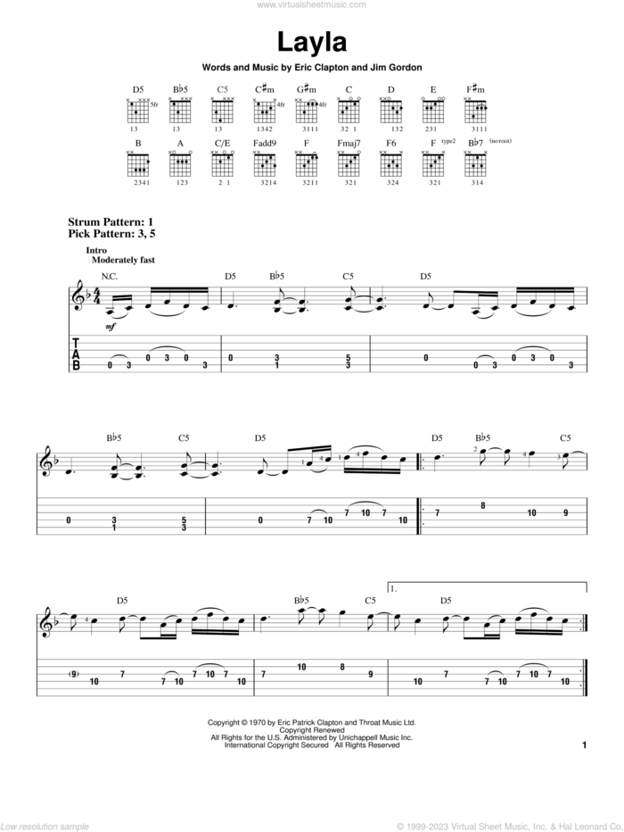 Layla sheet music for guitar solo (easy tablature) by Derek And The Dominos, Eric Clapton and Jim Gordon, easy guitar (easy tablature)