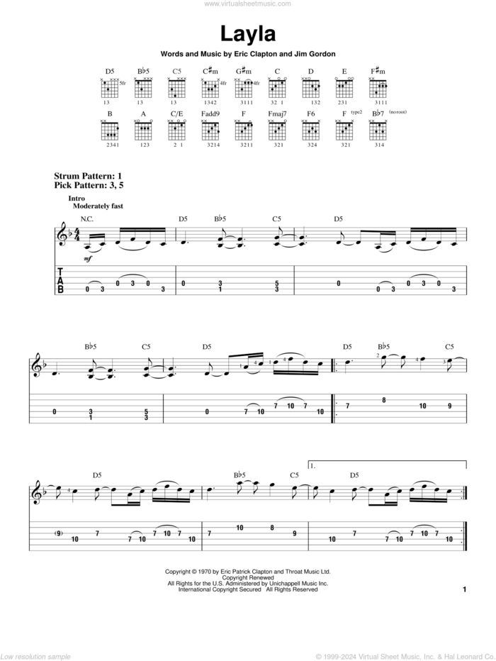 Layla sheet music for guitar solo (easy tablature) by Derek And The Dominos, Eric Clapton and Jim Gordon, easy guitar (easy tablature)