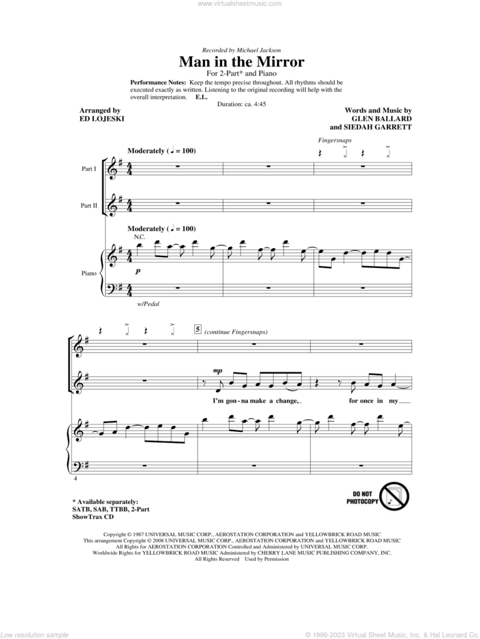 Man In The Mirror (arr. Ed Lojeski) sheet music for choir (2-Part) by Glen Ballard, Siedah Garrett, Ed Lojeski and Michael Jackson, intermediate duet