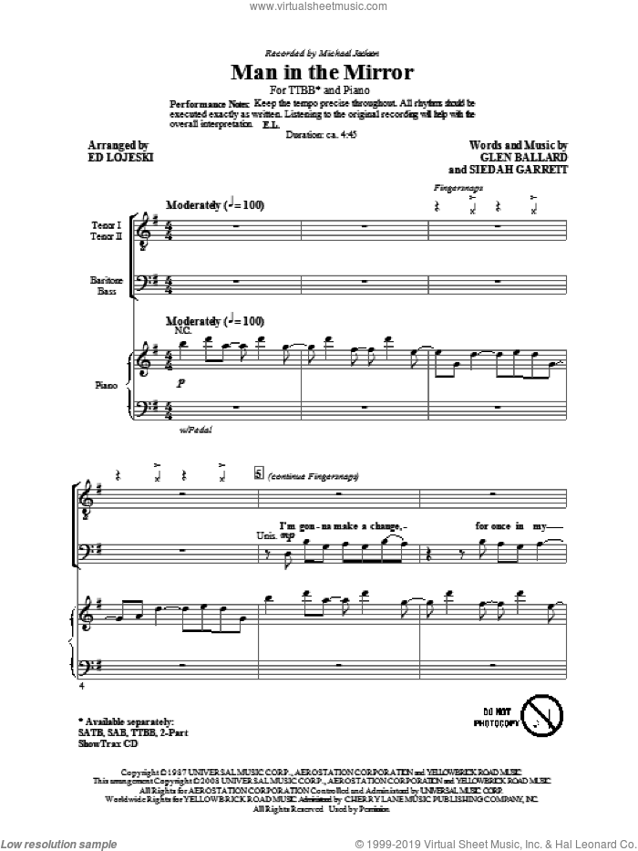 Man In The Mirror (arr. Ed Lojeski) sheet music for choir (TTBB: tenor, bass) by Glen Ballard, Siedah Garrett, Ed Lojeski and Michael Jackson, intermediate skill level