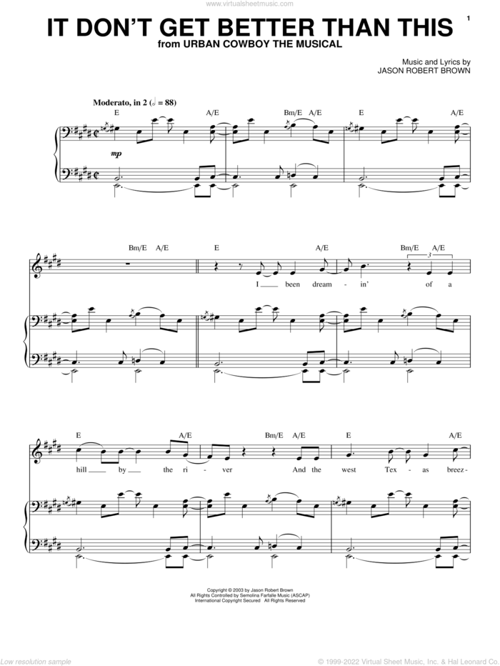 It Don't Get Better Than This sheet music for voice and piano by Jason Robert Brown and Urban Cowboy (Musical), intermediate skill level