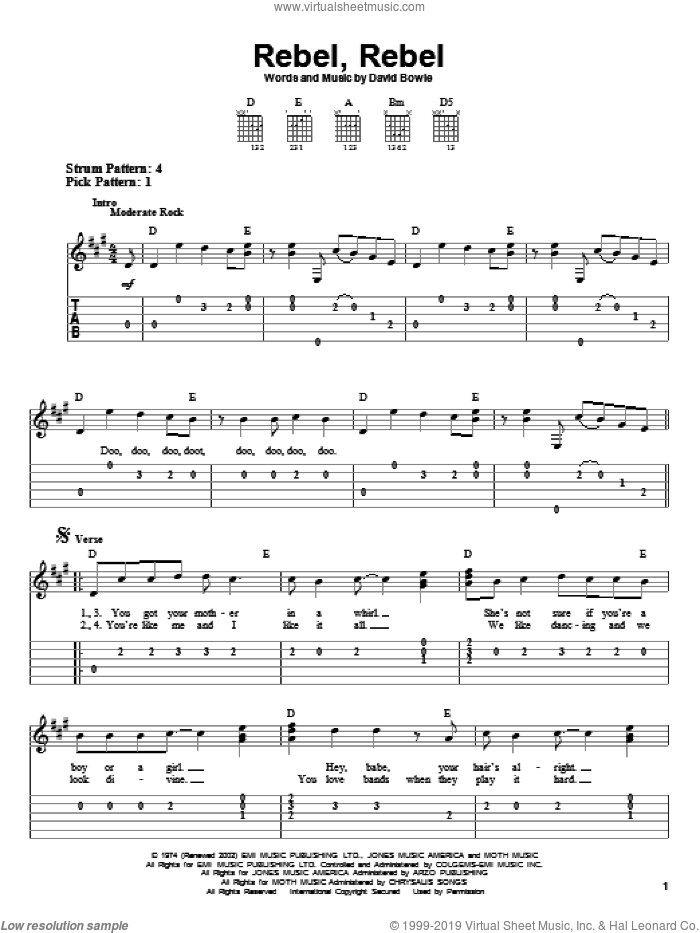 Rebel, Rebel sheet music for guitar solo (easy tablature) by David Bowie, easy guitar (easy tablature)