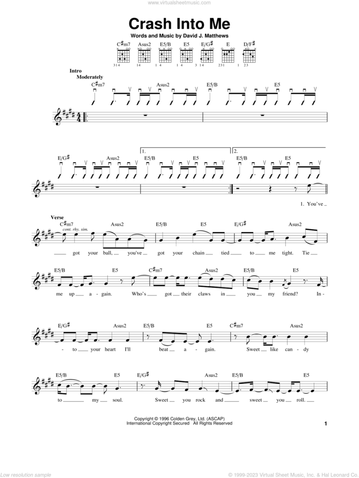Crash Into Me sheet music for guitar solo (chords) by Dave Matthews Band, easy guitar (chords)