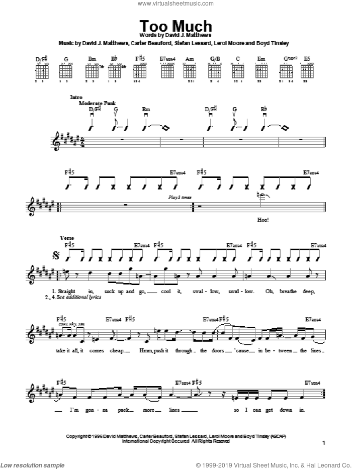 Too Much sheet music for guitar solo (chords) by Dave Matthews Band, Boyd Tinsley, Carter Beauford, Leroi Moore and Stefan Lessard, easy guitar (chords)
