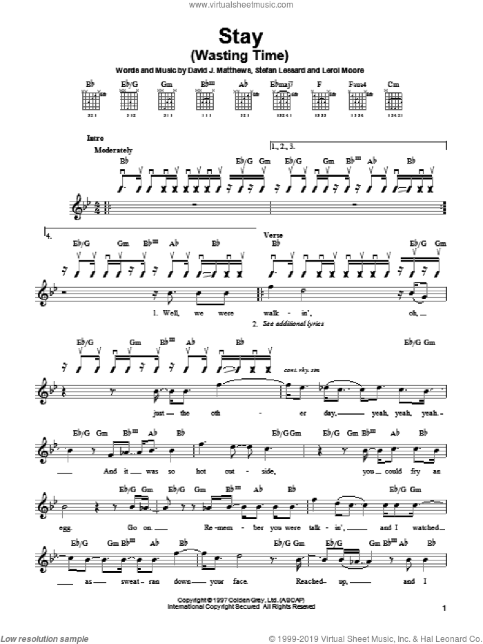 Stay (Wasting Time) sheet music for guitar solo (chords) by Dave Matthews Band, Leroi Moore and Stefan Lessard, easy guitar (chords)