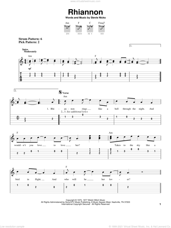 Rhiannon sheet music for guitar solo (easy tablature) by Fleetwood Mac and Stevie Nicks, easy guitar (easy tablature)