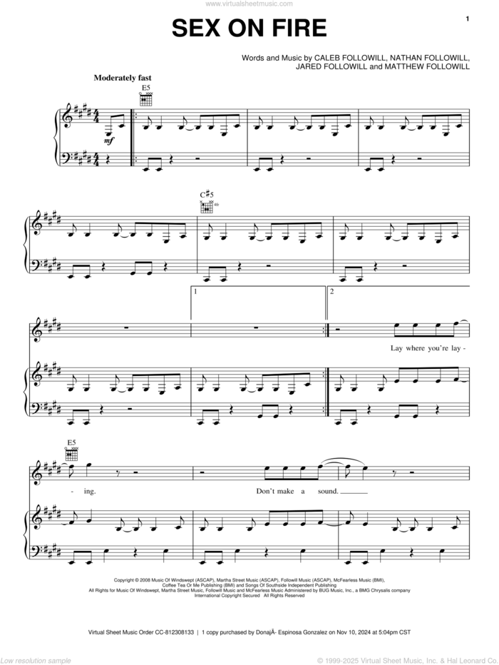 Sex On Fire sheet music for voice, piano or guitar by Kings Of Leon, Caleb Followill, Jared Followill, Matthew Followill and Nathan Followill, intermediate skill level