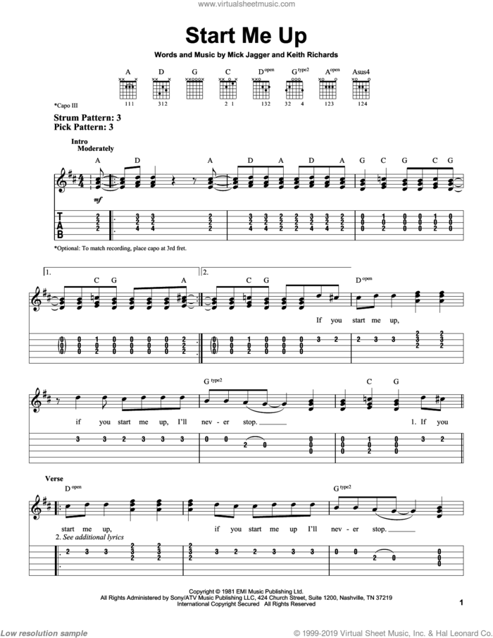 Start Me Up sheet music for guitar solo (easy tablature) by The Rolling Stones, Keith Richards and Mick Jagger, easy guitar (easy tablature)