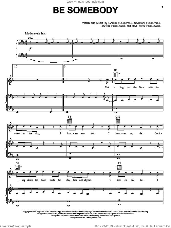 Be Somebody sheet music for voice, piano or guitar by Kings Of Leon, Caleb Followill, Jared Followill, Matthew Followill and Nathan Followill, intermediate skill level