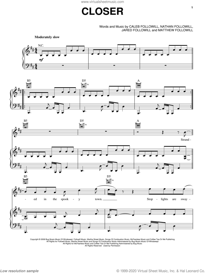 Closer sheet music for voice, piano or guitar by Kings Of Leon, Caleb Followill, Jared Followill, Matthew Followill and Nathan Followill, intermediate skill level