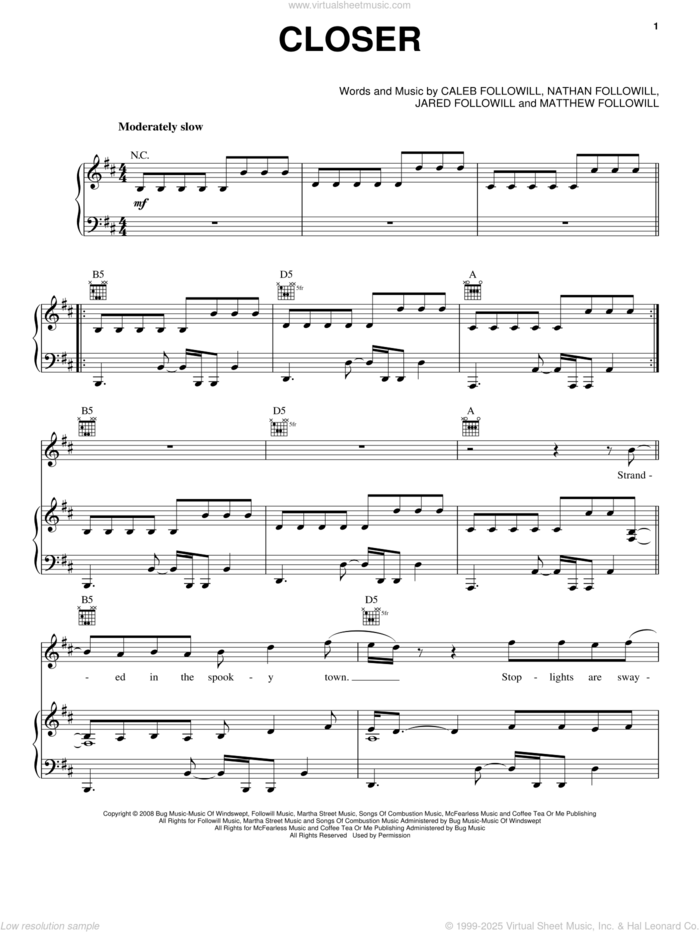 Closer sheet music for voice, piano or guitar by Kings Of Leon, Caleb Followill, Jared Followill, Matthew Followill and Nathan Followill, intermediate skill level