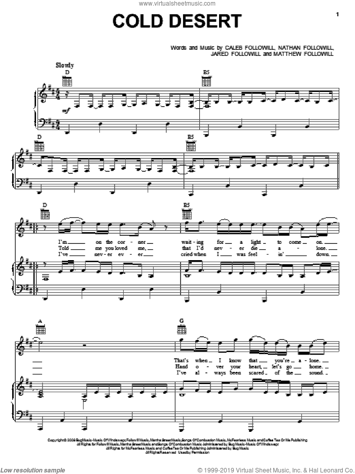 Cold Desert sheet music for voice, piano or guitar by Kings Of Leon, Caleb Followill, Jared Followill, Matthew Followill and Nathan Followill, intermediate skill level