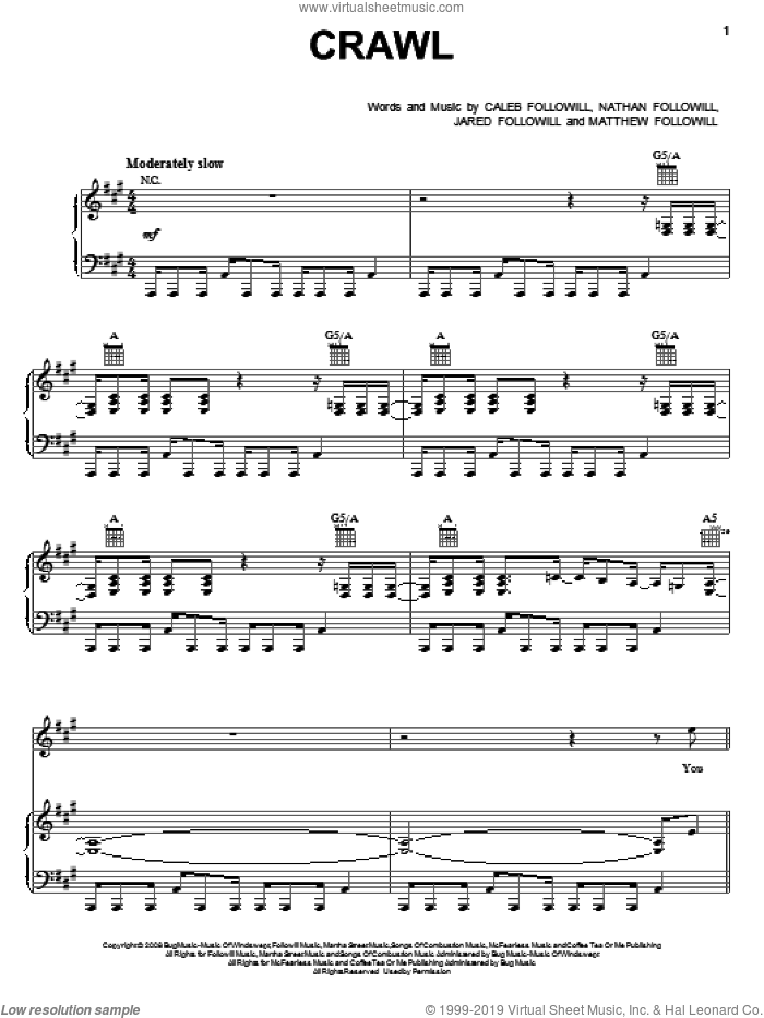 Crawl sheet music for voice, piano or guitar by Kings Of Leon, Caleb Followill, Jared Followill, Matthew Followill and Nathan Followill, intermediate skill level