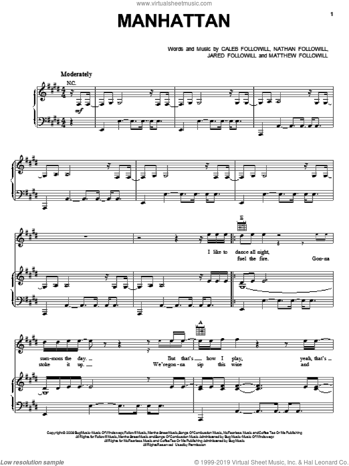 Manhattan sheet music for voice, piano or guitar by Kings Of Leon, Caleb Followill, Jared Followill, Matthew Followill and Nathan Followill, intermediate skill level