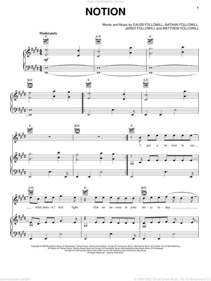 Notion sheet music for voice, piano or guitar by Kings Of Leon, Caleb Followill, Jared Followill, Matthew Followill and Nathan Followill, intermediate skill level