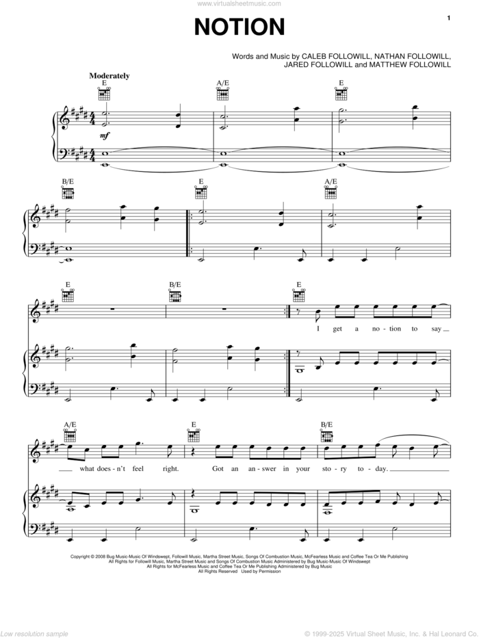 Notion sheet music for voice, piano or guitar by Kings Of Leon, Caleb Followill, Jared Followill, Matthew Followill and Nathan Followill, intermediate skill level