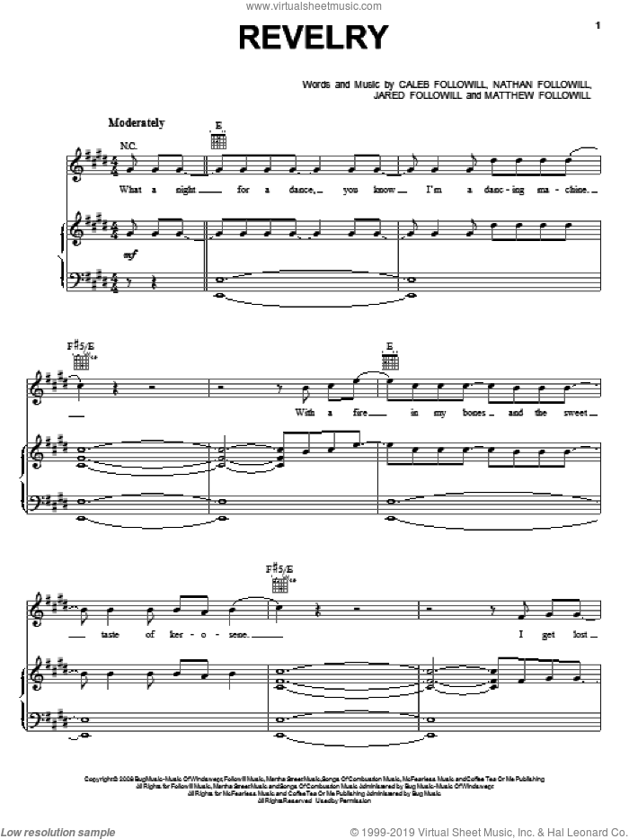 Revelry sheet music for voice, piano or guitar by Kings Of Leon, Caleb Followill, Jared Followill, Matthew Followill and Nathan Followill, intermediate skill level