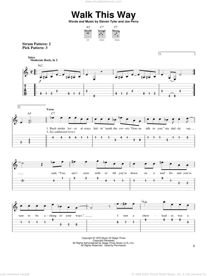 Walk This Way sheet music for guitar solo (easy tablature) by Aerosmith, Run D.M.C., Joe Perry and Steven Tyler, easy guitar (easy tablature)