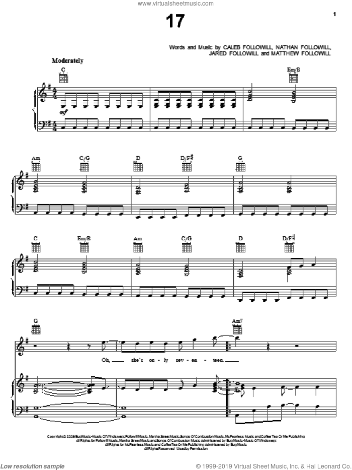 17 sheet music for voice, piano or guitar by Kings Of Leon, Caleb Followill, Jared Followill, Matthew Followill and Nathan Followill, intermediate skill level
