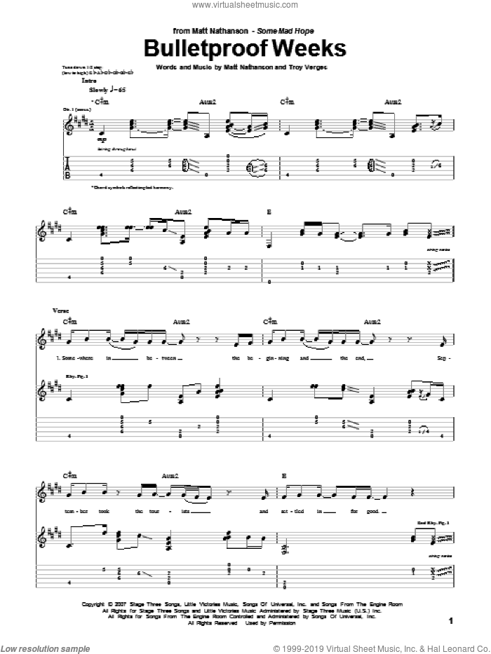 Bulletproof Weeks sheet music for guitar (tablature) by Matt Nathanson and Troy Verges, intermediate skill level