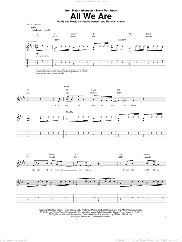 All We Are sheet music for guitar (tablature) by Matt Nathanson and Marshall Altman, intermediate skill level