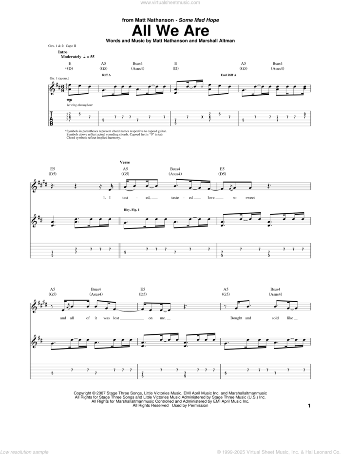 All We Are sheet music for guitar (tablature) by Matt Nathanson and Marshall Altman, intermediate skill level