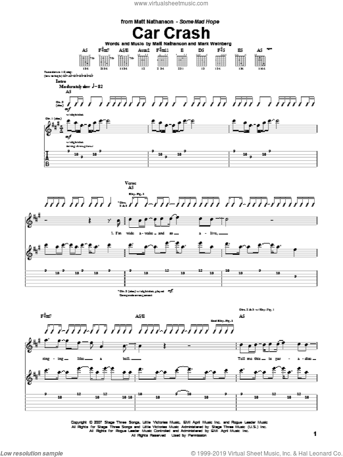 Car Crash sheet music for guitar (tablature) by Matt Nathanson and Mark Weinberg, intermediate skill level