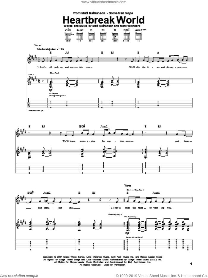 Heartbreak World sheet music for guitar (tablature) by Matt Nathanson and Mark Weinberg, intermediate skill level