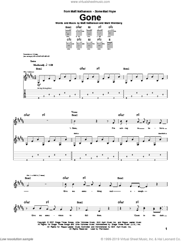 Gone sheet music for guitar (tablature) by Matt Nathanson and Mark Weinberg, intermediate skill level