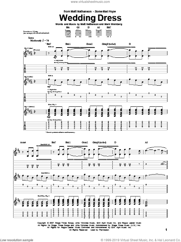 Wedding Dress sheet music for guitar (tablature) by Matt Nathanson and Mark Weinberg, intermediate skill level