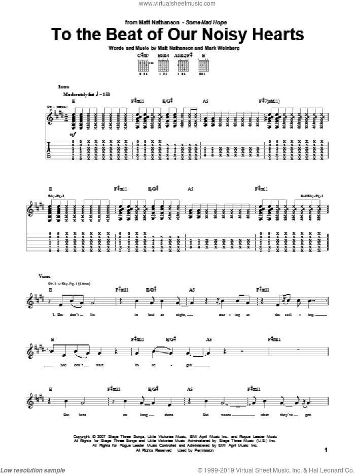 To The Beat Of Our Noisy Hearts sheet music for guitar (tablature) by Matt Nathanson and Mark Weinberg, intermediate skill level